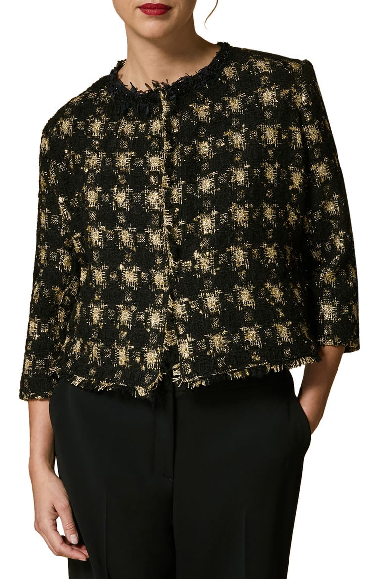 Certo Check Bracelet Sleeve Lamé Jacket, Main, color, BLACK