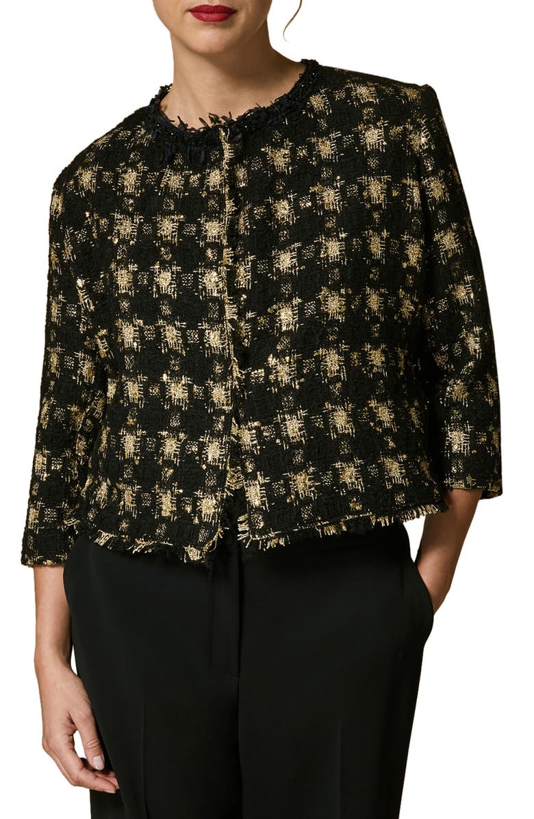 Marina Rinaldi Certo Check Bracelet Sleeve Lamé Jacket, Main, color, Black