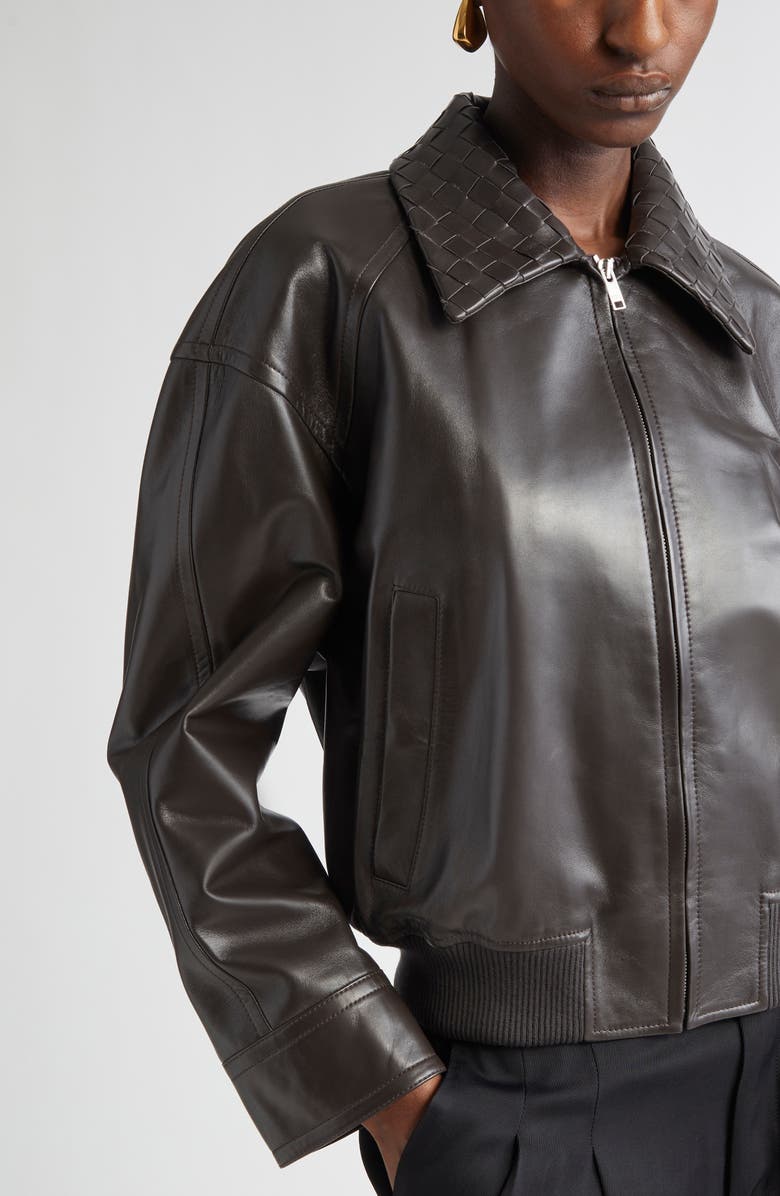 Bottega Veneta Intrecciato Collar Leather Bomber Jacket, Alternate, color, 