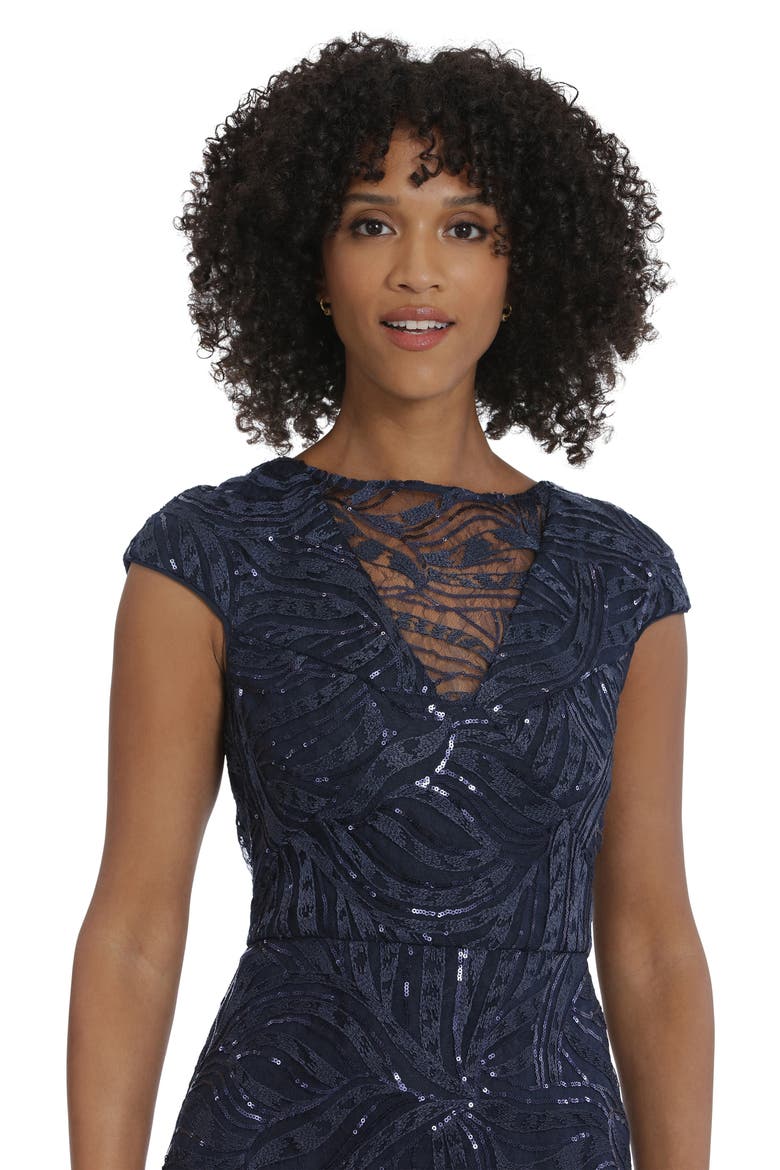 Illusion Lace Sequin Embroidered Cap Sleeve Midi Dress, Alternate, color, TWILIGHT NAVY