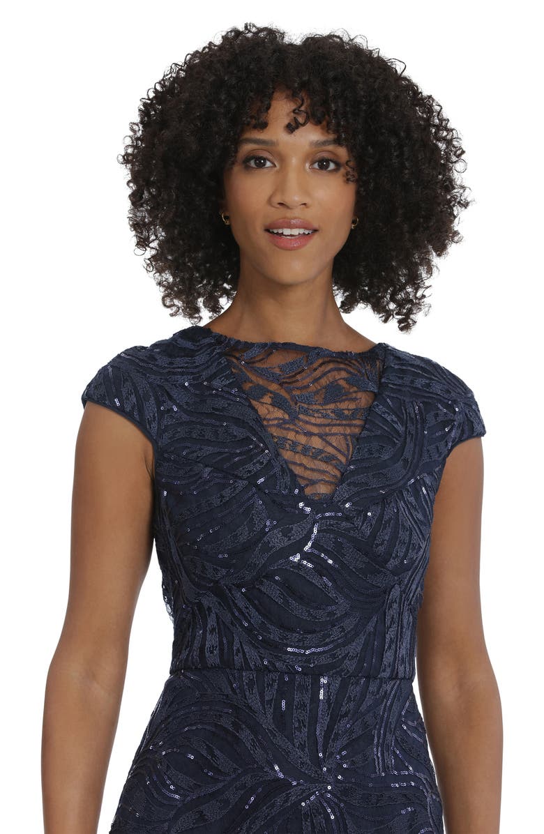 Maggy London Illusion Lace Sequin Embroidered Cap Sleeve Midi Dress, Alternate, color, Twilight Navy