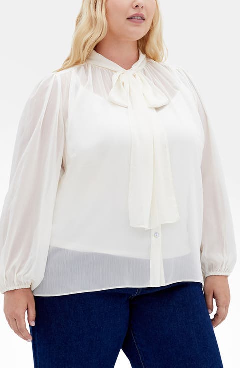 Seline Tie Neck Chiffon Shirt (Plus)