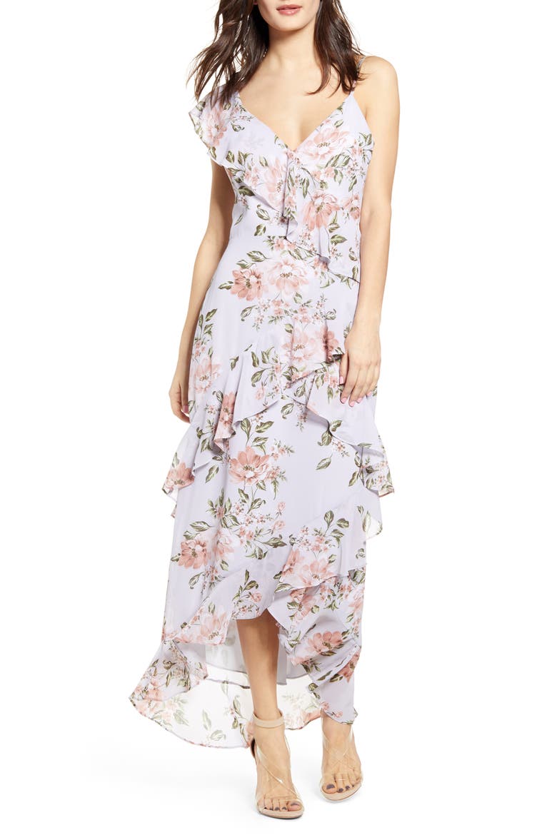 Morgana Floral Tiered Ruffle Asymmetrical Sleeve Maxi Dress, Main, color, DUSTY BLUE FLORAL