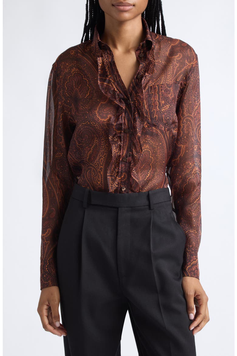 Ruffle Placket Paisley Silk Shirt, Main, color, PRINTED BORDEAUX BASE