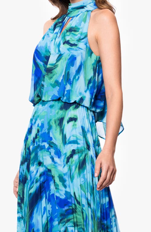 Xscape Evenings Abstract Floral Pleated Chiffon Gown In Blue