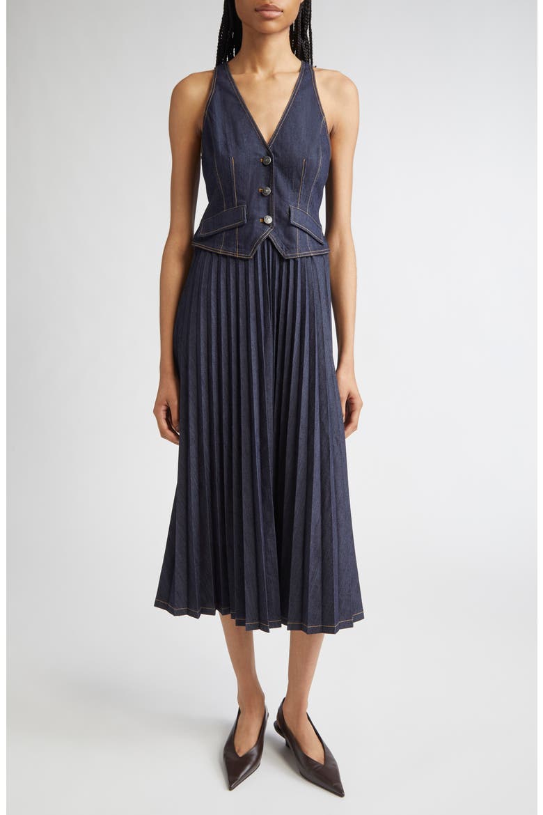 Esther Sleeveless Pleated Denim Midi Dress, Main, color, INDIGO