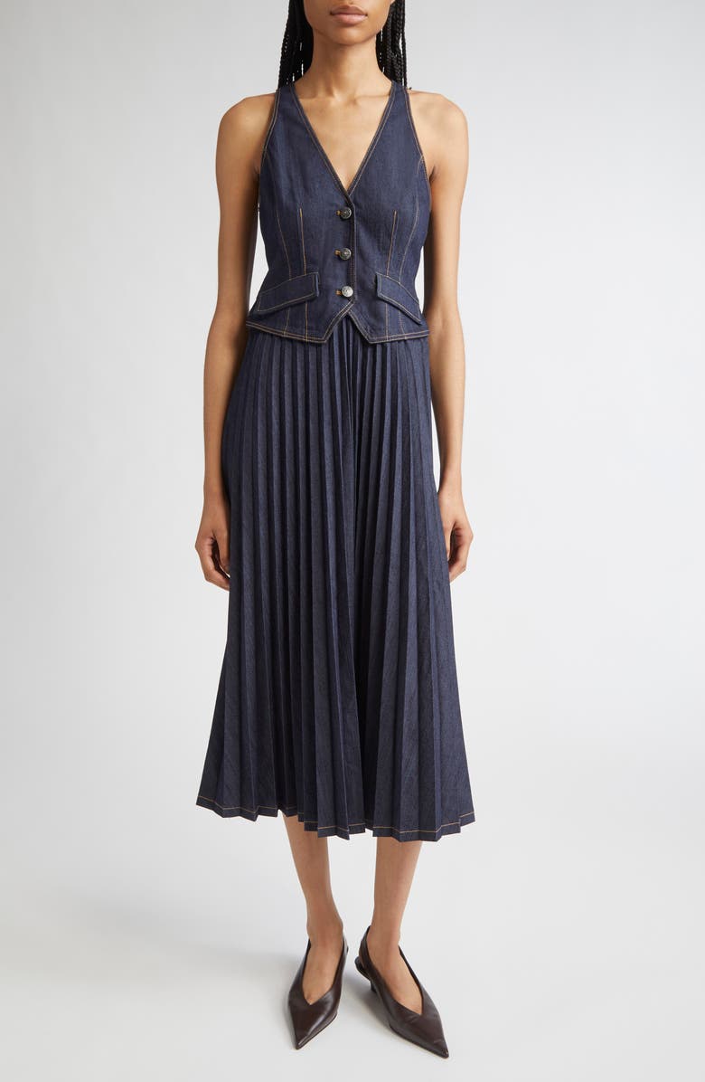 Cinq à Sept Esther Sleeveless Pleated Denim Midi Dress, Main, color, Indigo