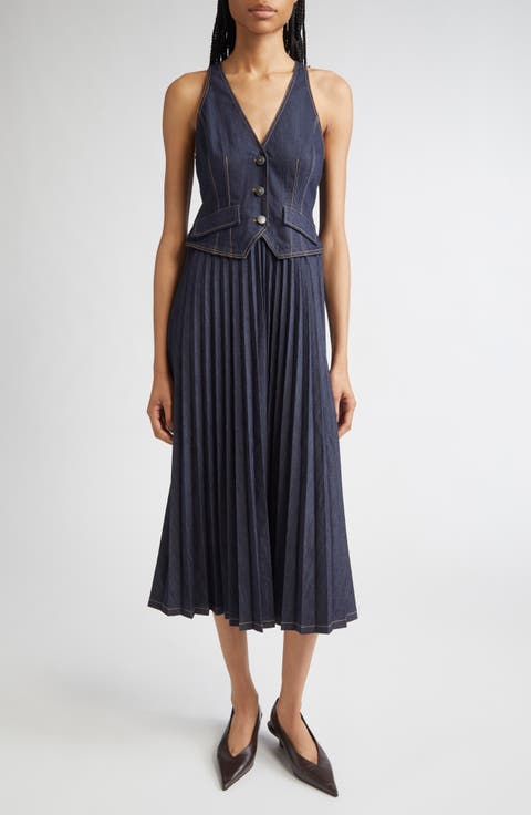 Esther Sleeveless Pleated Denim Midi Dress