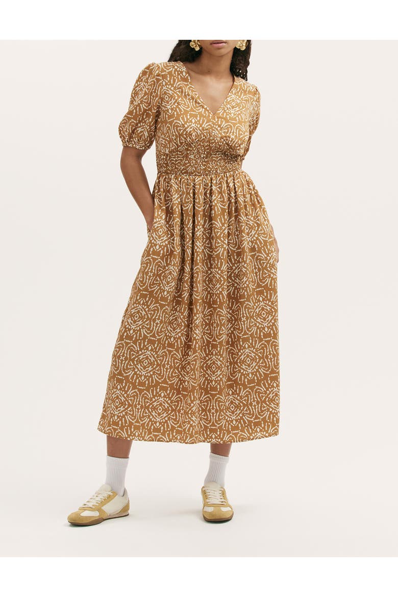 Kiara Printed V-Neck Midi Dress, Alternate, color, Brown Batik