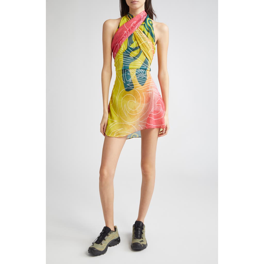 Paolina Russo Wrapped Halter Minidress In Neon Sunset