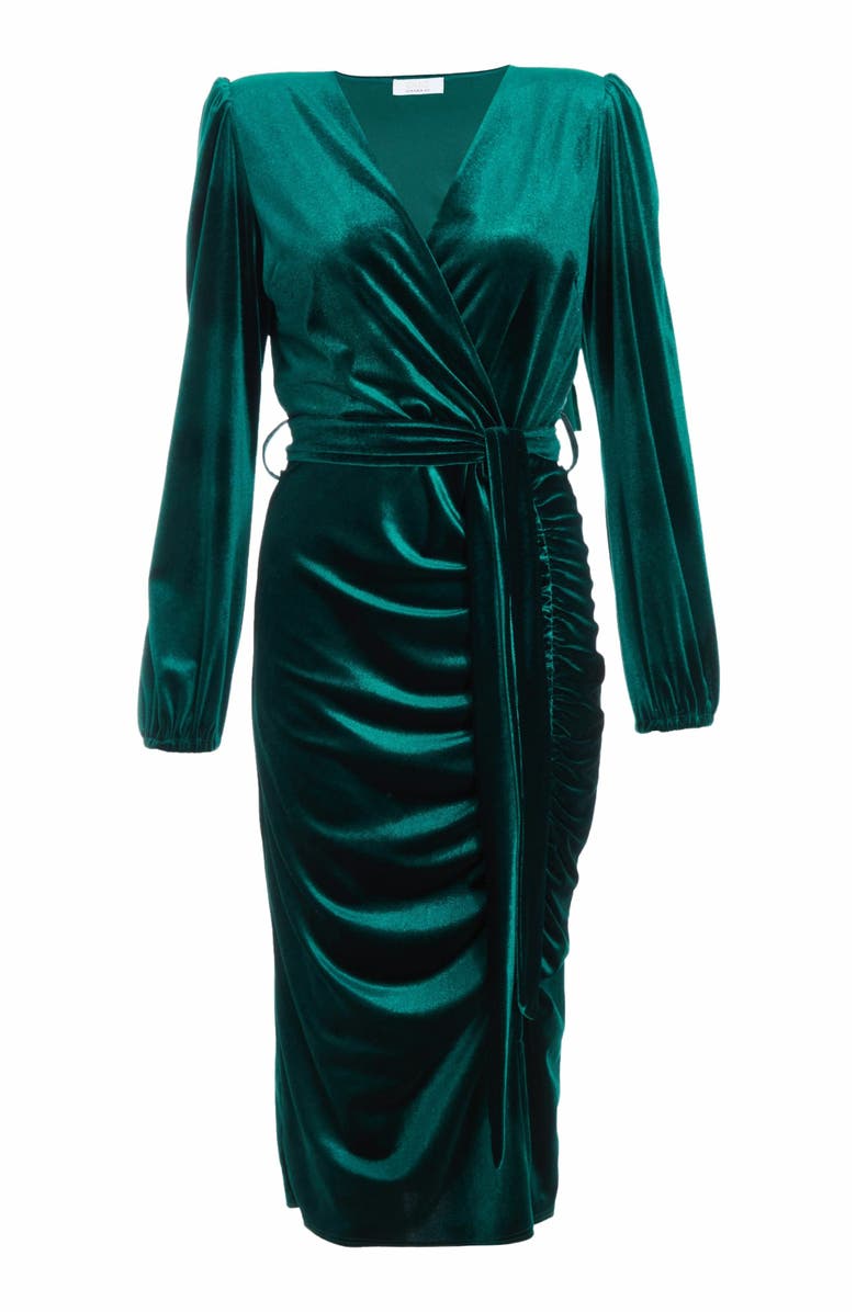QUIZ Velvet Wrap Ruched Midi Dress, Alternate, color, 