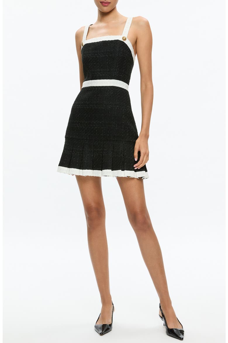 Clarine Contrast Trim Pleated Tweed Minidress, Alternate, color, BLACK/ OFF WHITE