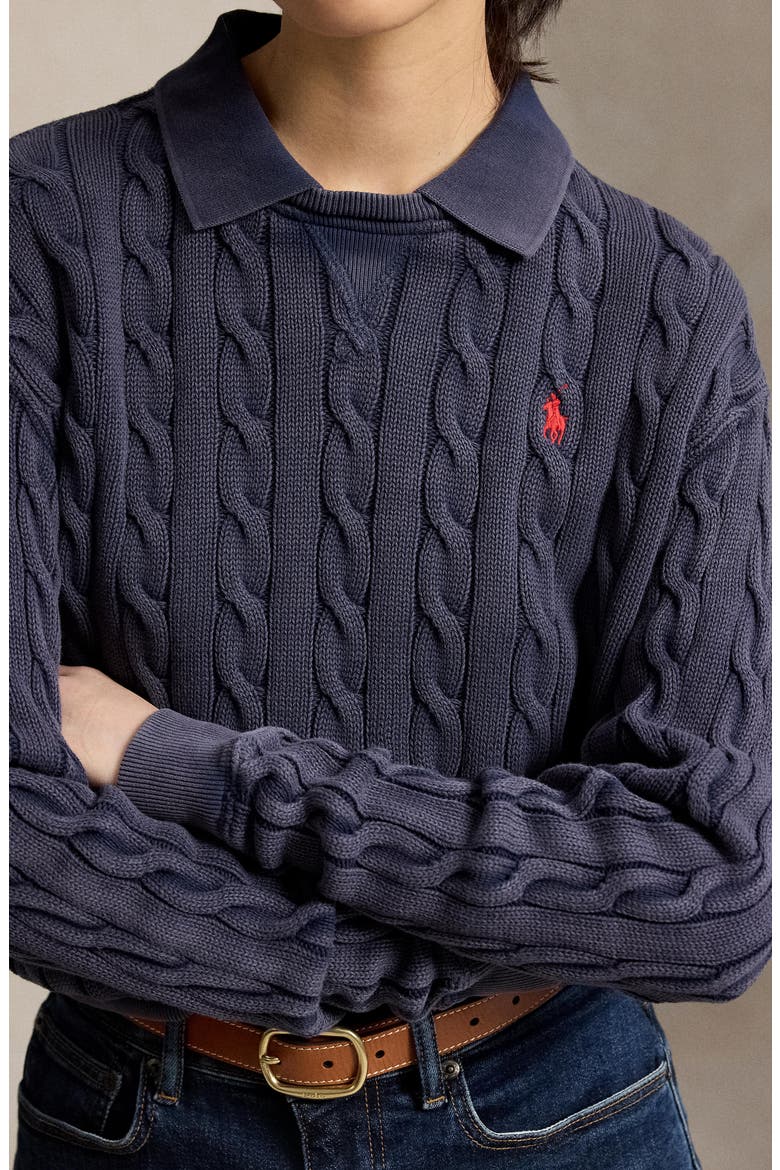 Cable Knit Polo Sweater, Alternate, color, BLUE