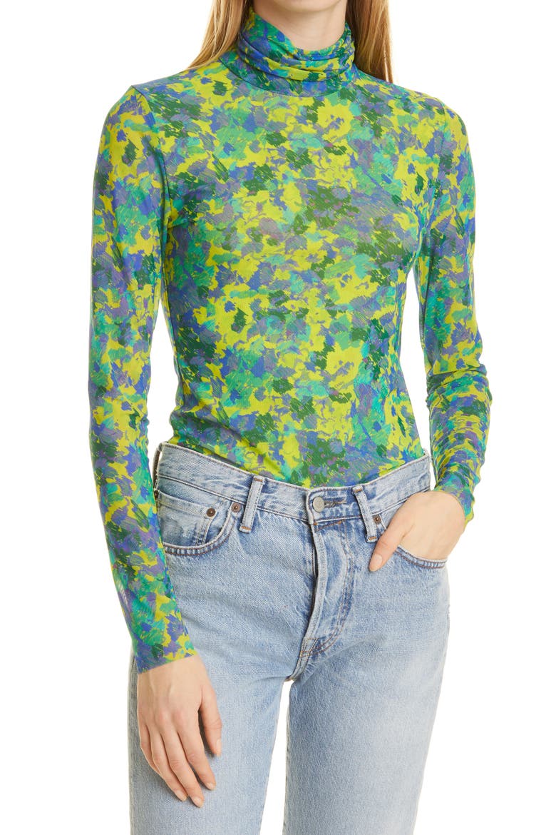 Print Fitted Mesh Turtleneck Pullover, Main, color, SULPHUR SPRING