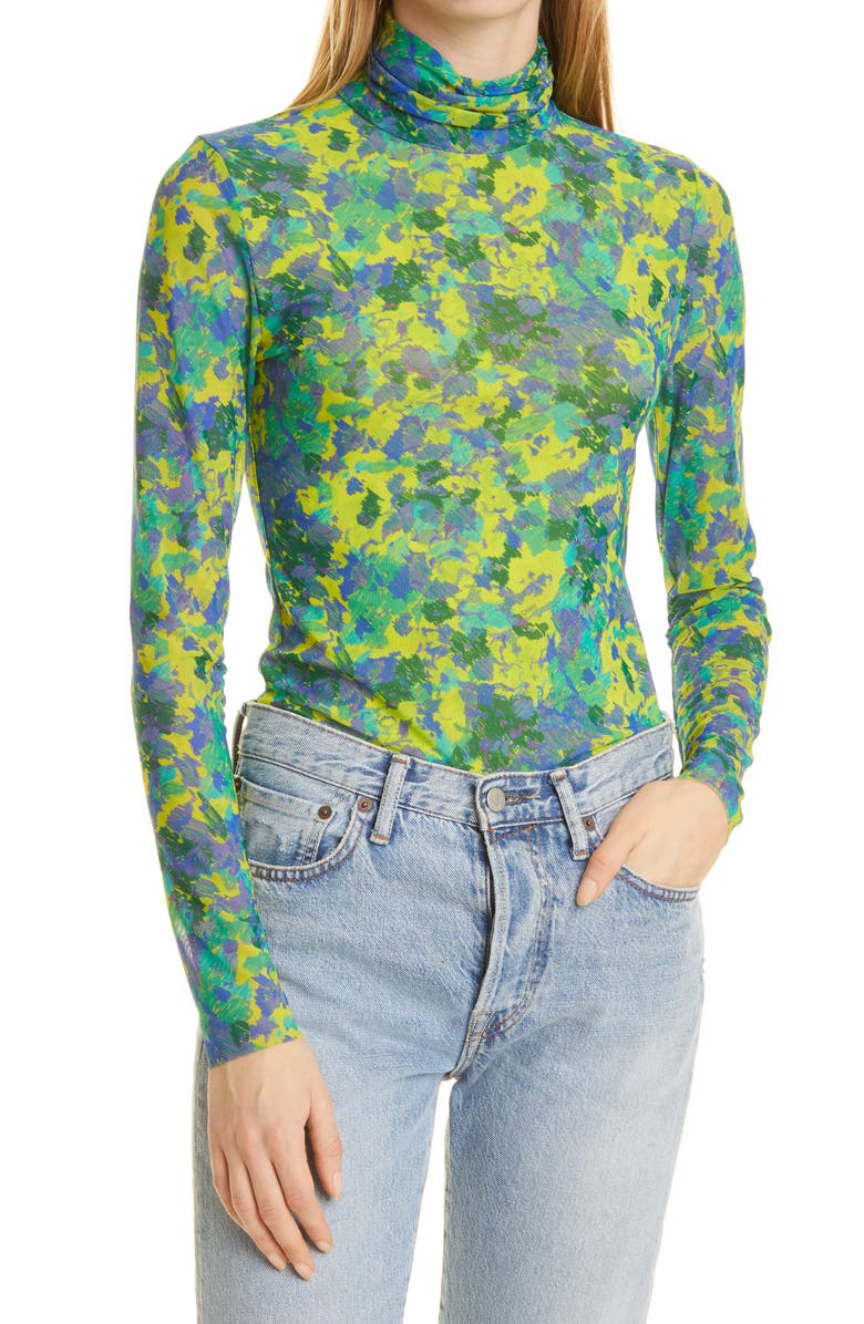 Ganni Print Fitted Mesh Turtleneck Pullover, Main, color,
