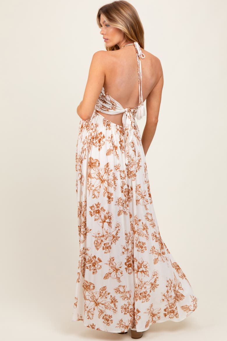 Blue Floral Tie-Back Halter Maxi Dress, Alternate, color, Taupe