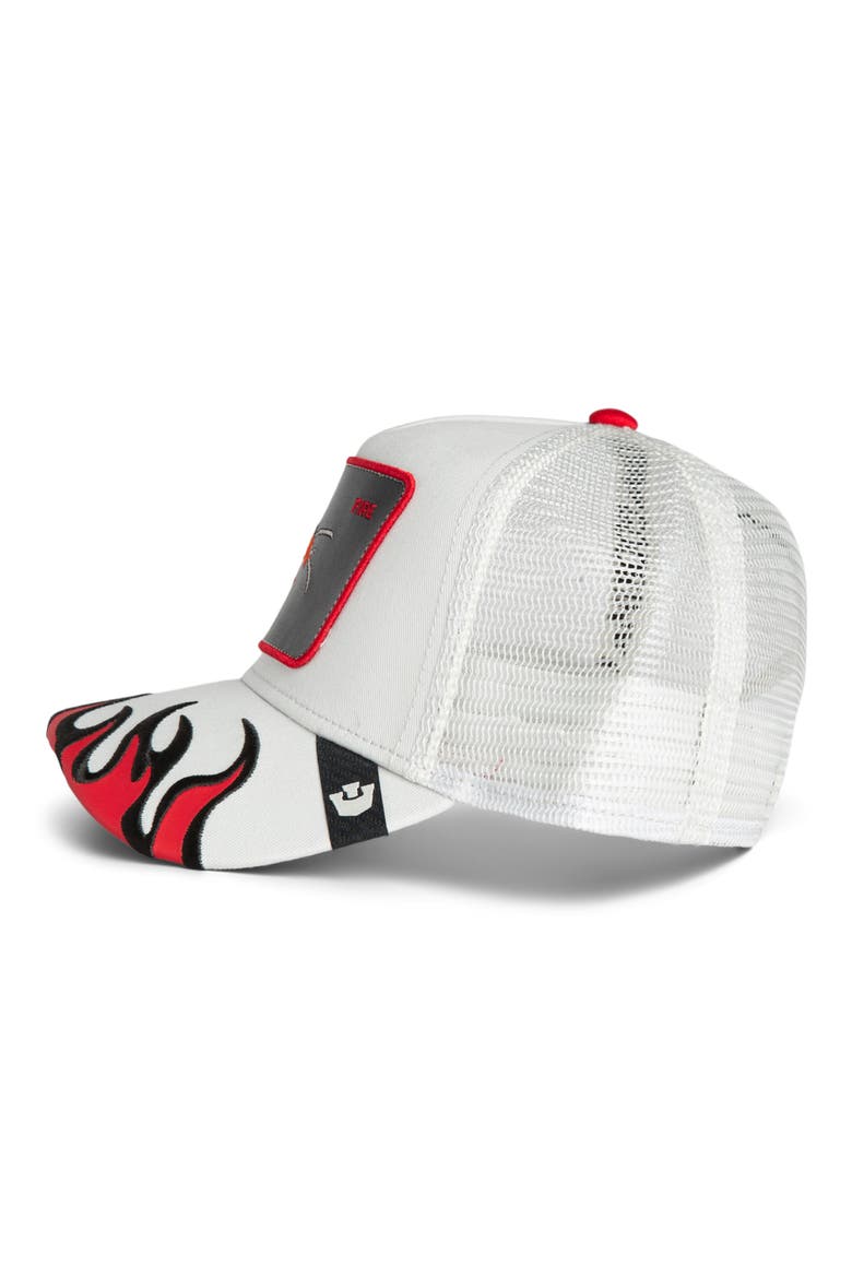 Fire Flames Embroidered Patch Trucker Hat, Alternate, color, DIGITAL