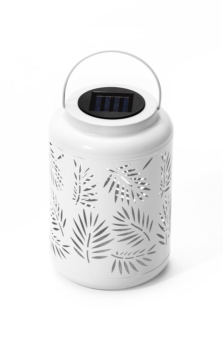 Glitzhome Metal Cutout Leaf Solar Powered Outdoor Hanging Lantern with LED Light, Alternate, color, White