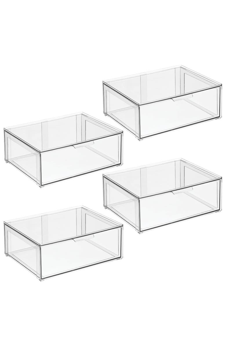 mDesign Plastic Stacking Closet Storage Organizer Bin with Drawer, 4 Pack, Clear, Main, color, Clear