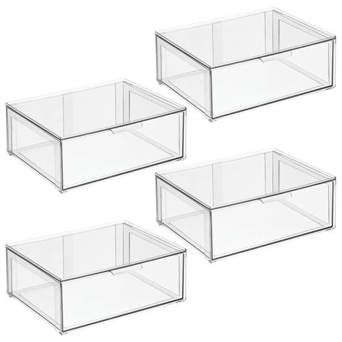Plastic Stacking Closet Storage Organizer Bin with Drawer, 4 Pack, Clear