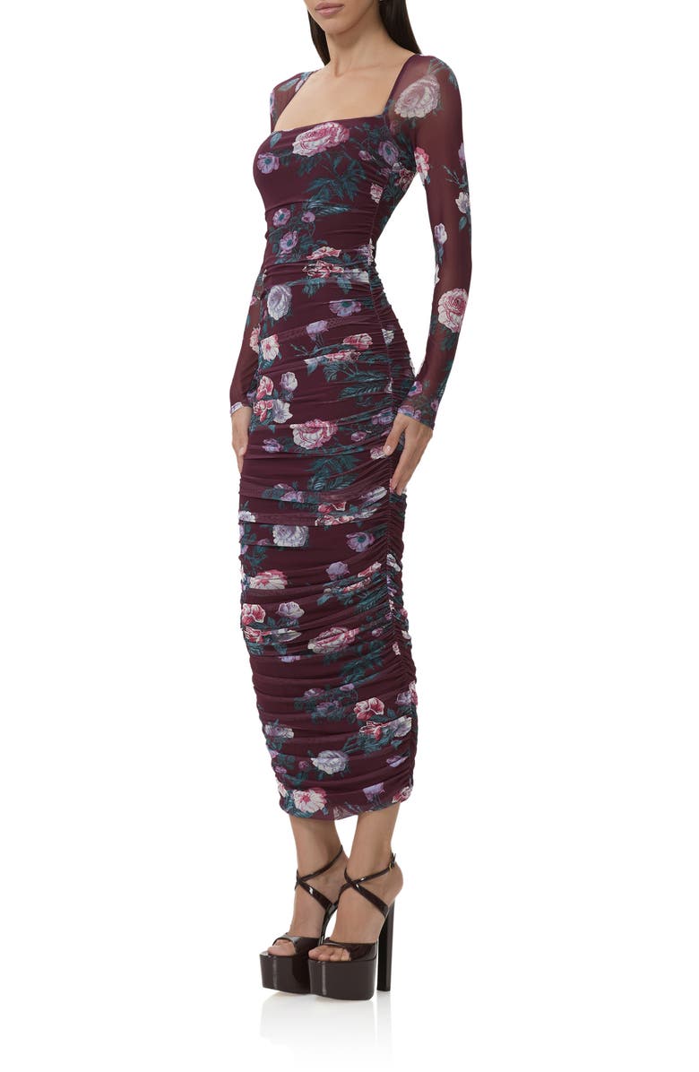 AFRM Maggie Floral Shirred Long Sleeve Midi Dress, Alternate, color, Cabernet Bouquet