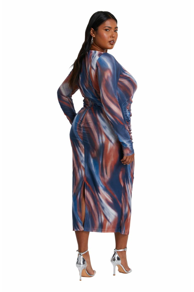 Plus Size Mesh Marble Round Neck Long Sleeve Maxi Dress, Alternate, color, Dark Blue
