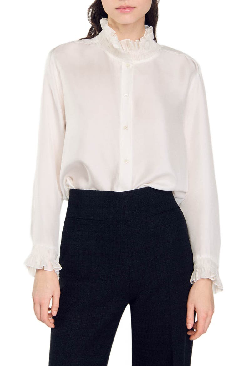 Silk shirt with gathered collar, Main, color, Ecru