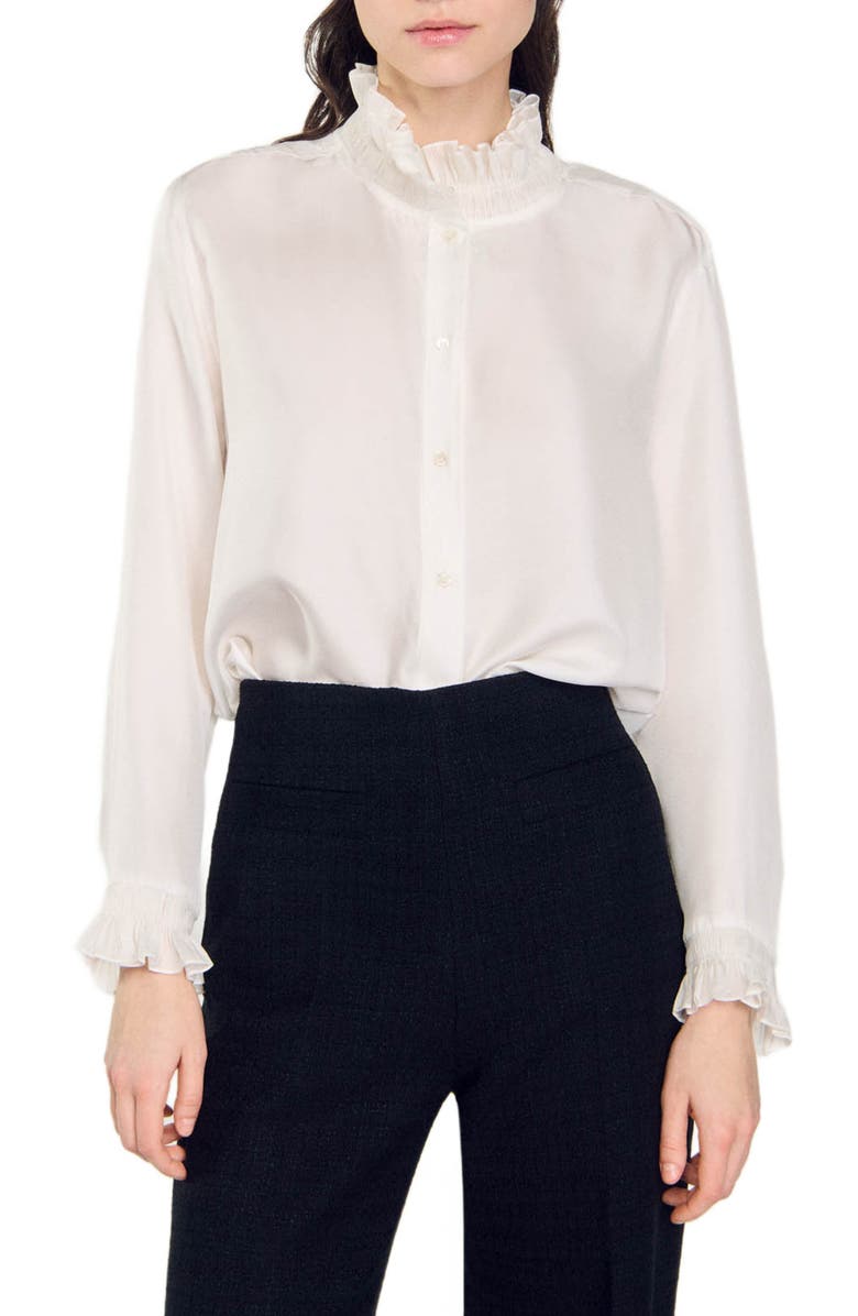 SANDRO Silk shirt with gathered collar, Main, color, Ecru