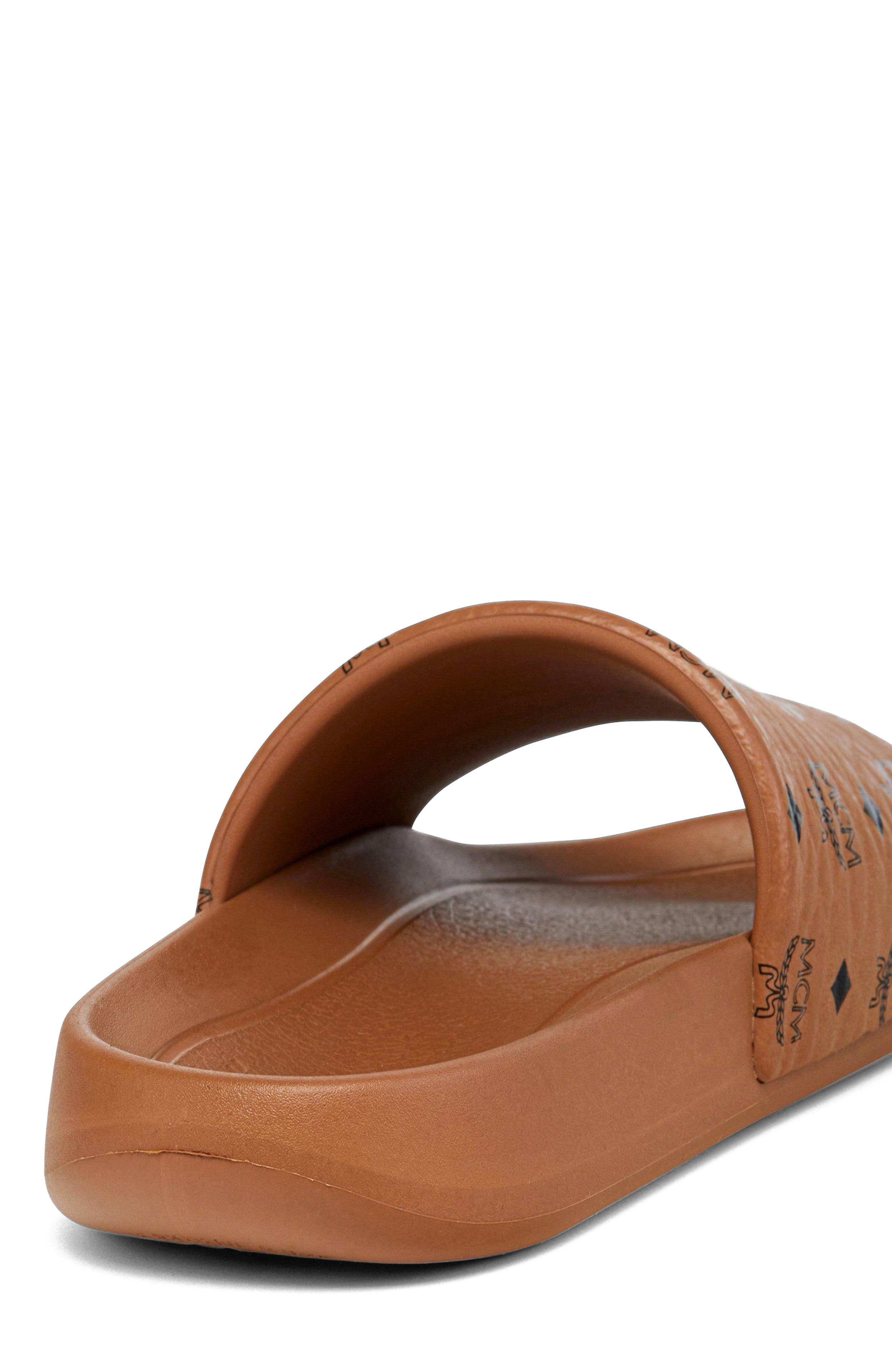 MCM Women's Monogram Print Rubber Slides, Alternate, color, Cognac