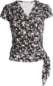 Loveappella Floral Print Faux Wrap Top