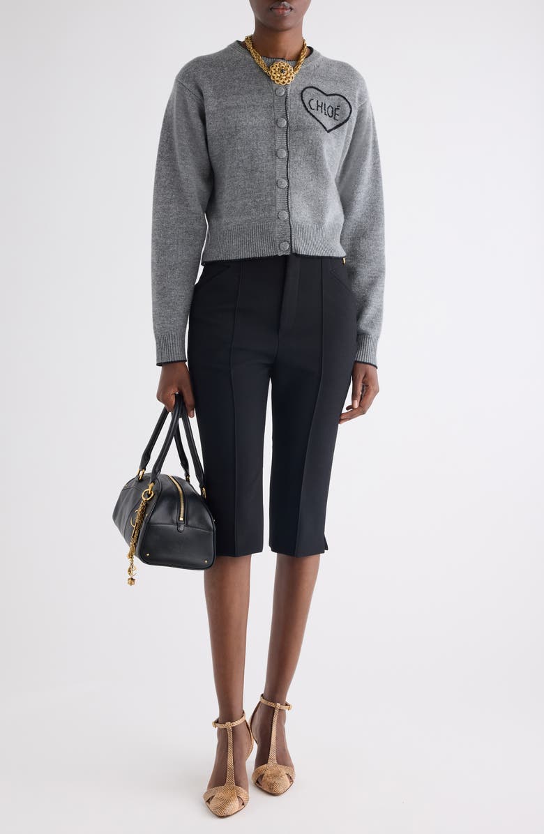 Chloé Embroidered Logo Crop Wool & Cashmere Cardigan, Alternate, color, Divine Grey