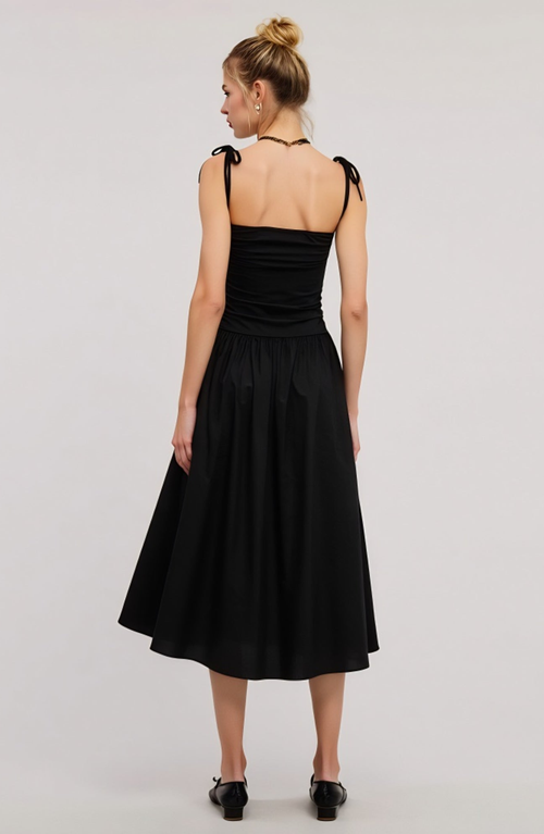 Modenaire Ruched Bodice Midi Dress With Tie Straps And Gathered Skirt In Black