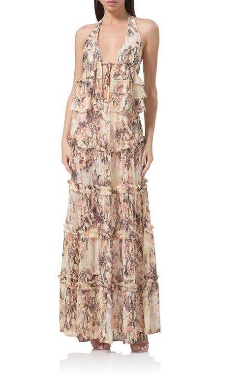 Afrm Sabina Snakeskin Print Tiered Maxi Skirt In Shine Snake