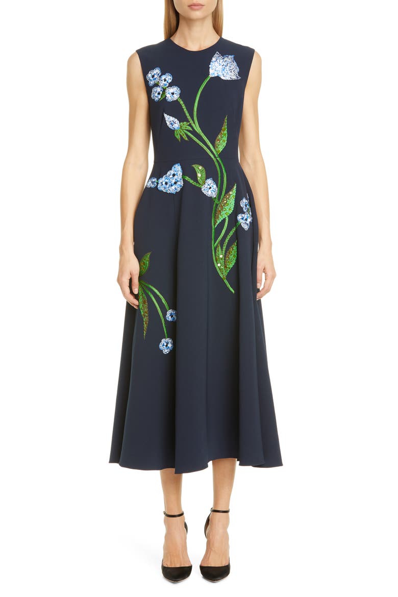 Floral Embroidered Stretch Crepe Midi Dress, Main, color, NAVY