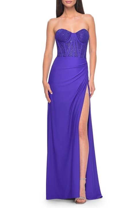 Lace Bustier Strapless Dress with Ruched Jersey Skirt
