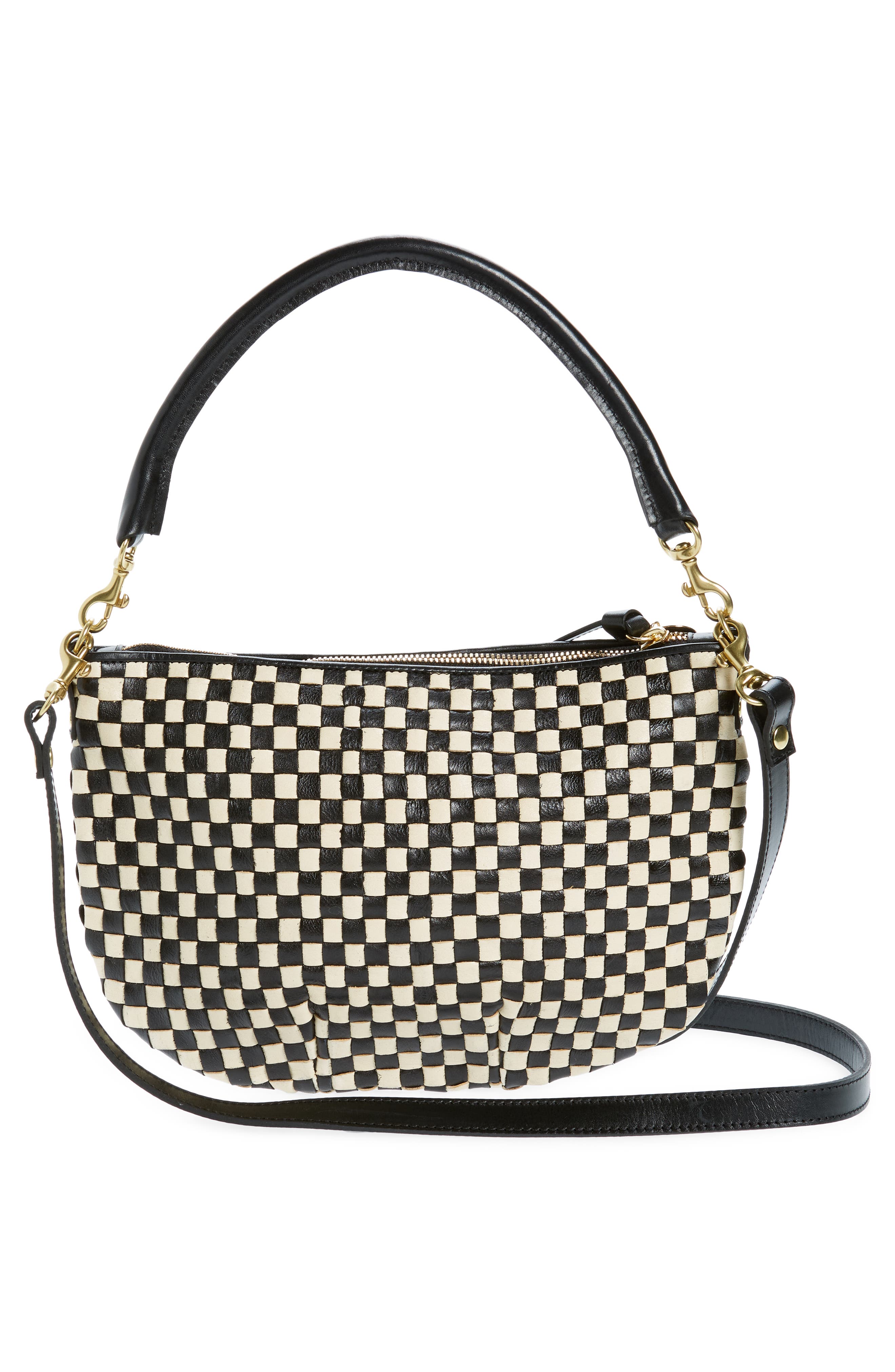 Clare V. Petit Moyen Woven Messenger Bag, Alternate, color, Black And Cream Woven Checker