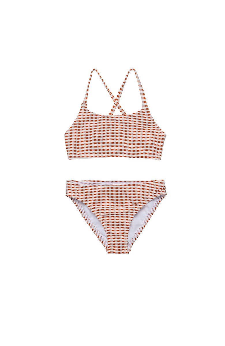 Gottex Kids Forever Gingham Textured Criss Cross Strap Swim Set, Main, color, Brown