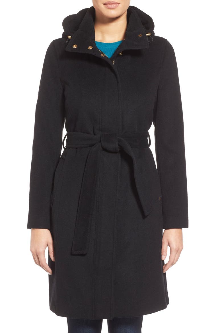 Belted Long Wool Blend Coat with Detachable Hood, Main, color, BLACK