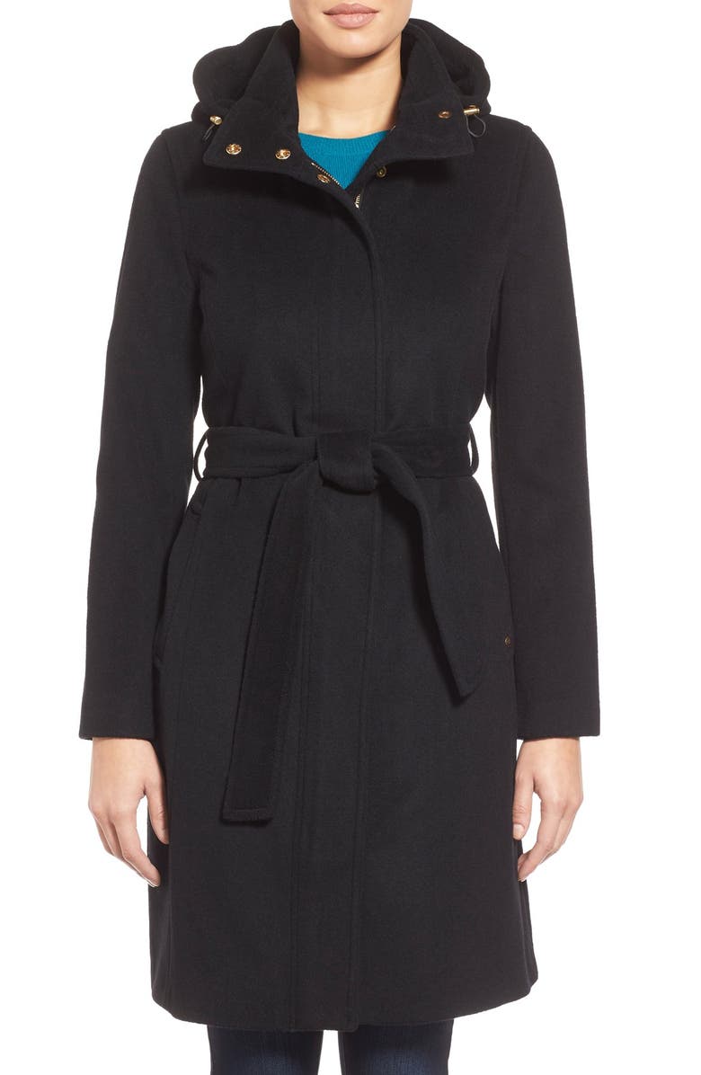 Ellen Tracy Belted Long Wool Blend Coat with Detachable Hood, Main, color, 