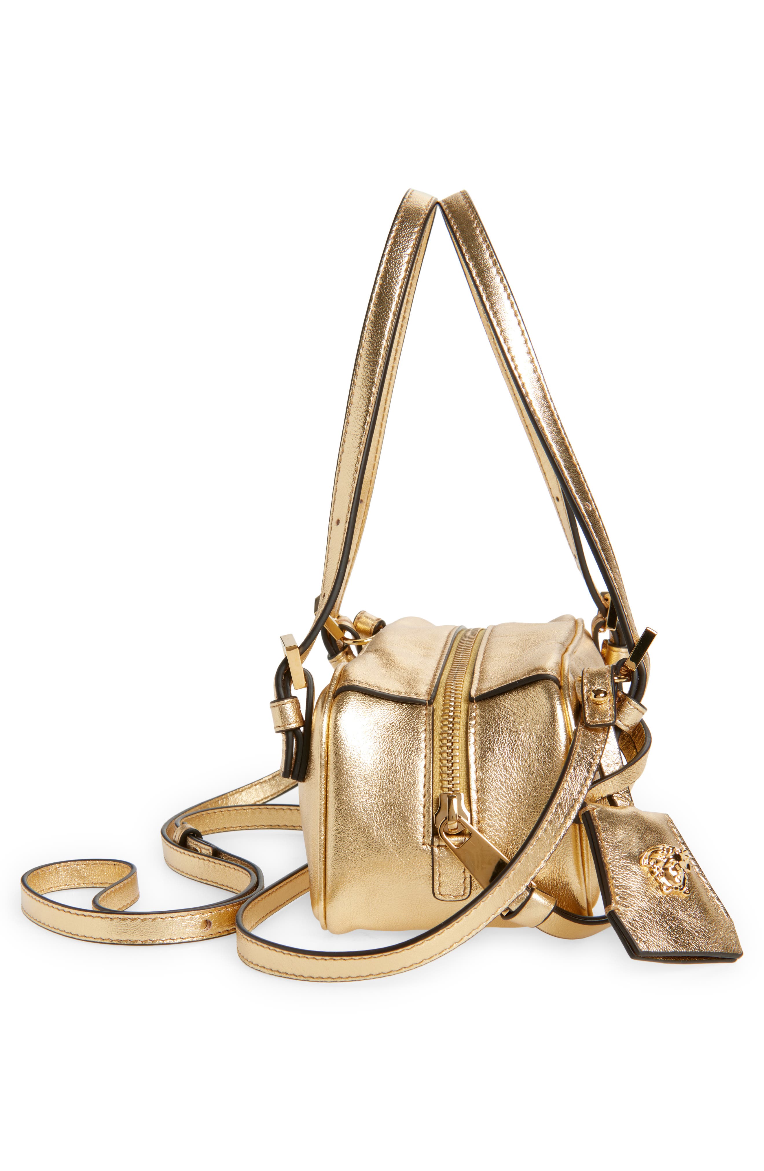 Versace Mini Tag Bowling Metallic Leather Shoulder Bag, Alternate, color, 