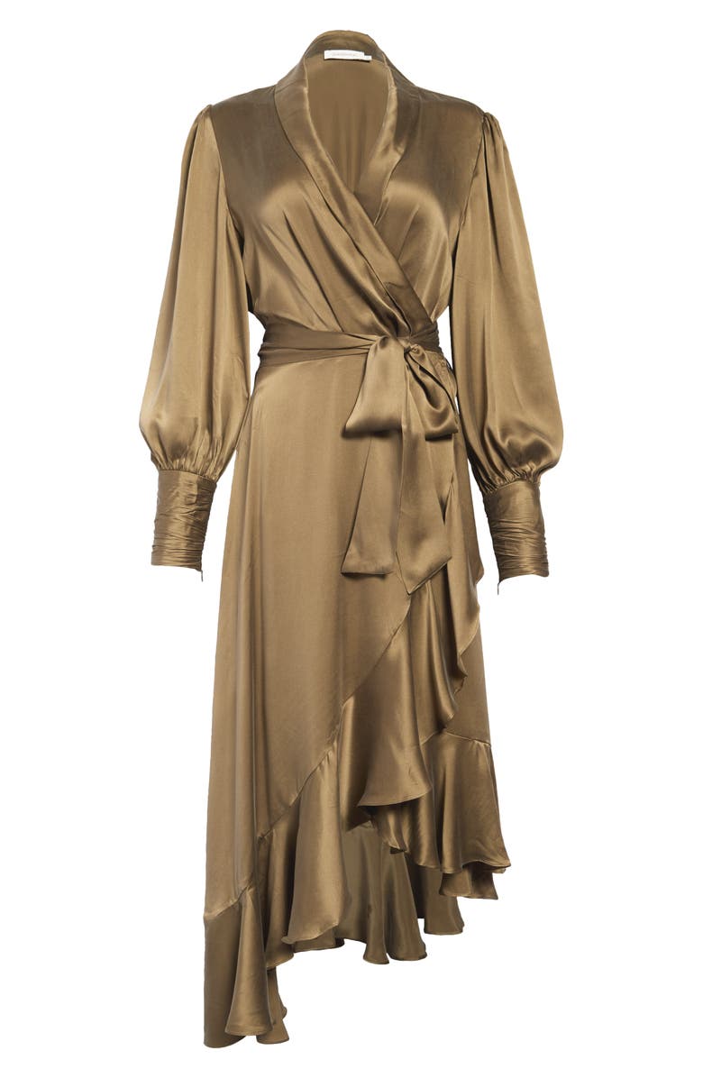 Zimmermann Asymmetrical Ruffle Long Sleeve Silk Wrap Dress, Main, color,