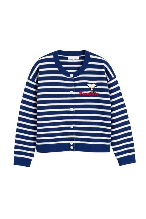 Chinti & Parker Snoopy Breton Milano Embroidered Merino Wool Cardigan In Admiral Blue/cream