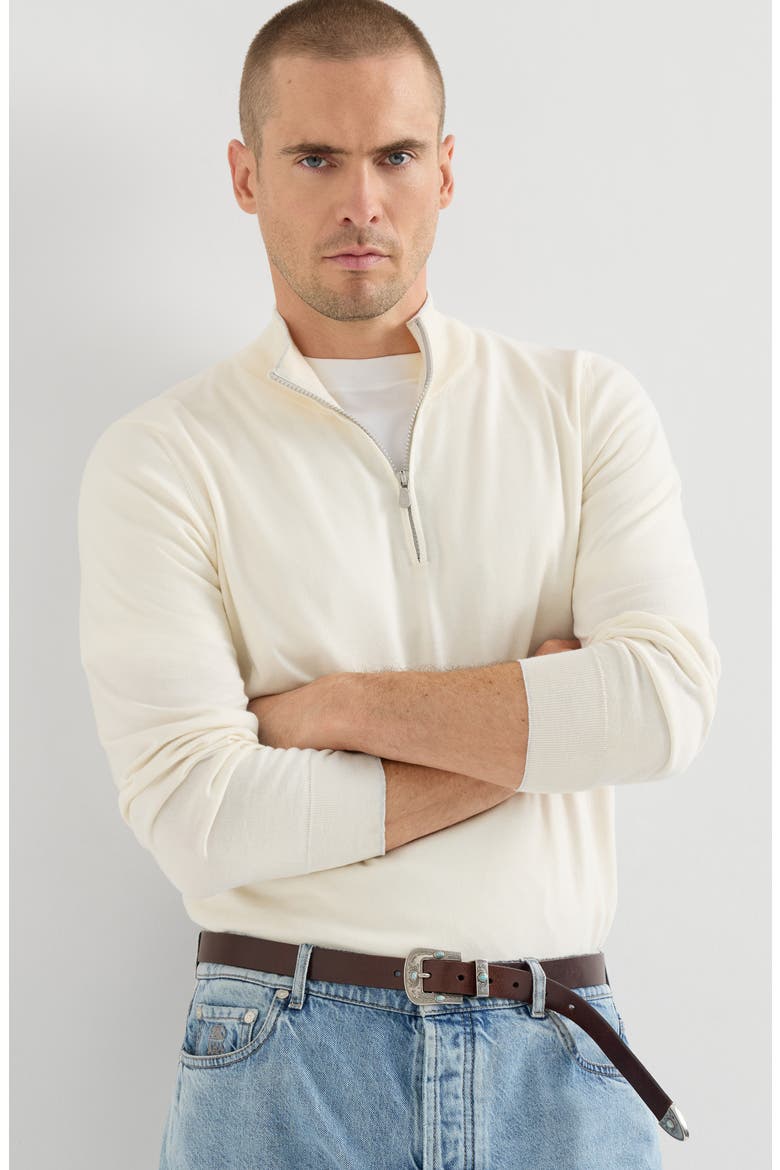 Sea Island cotton and cashmere lightweight sweater with half zip, Alternate, color, Panama