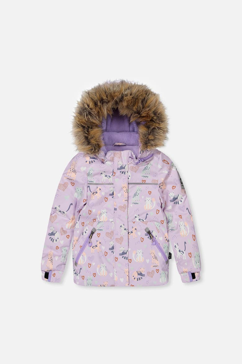 Discover Cats Faux Fur Hood Jacket & Suspender Pants Two Piece Snowsuit, Main, color, Purple Printed Cats