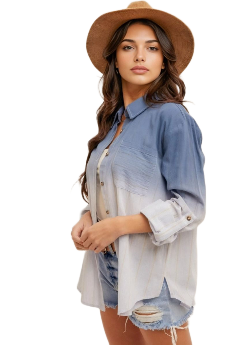 Knit and Lounge Ombre Button-Down Shirt with Roll-Tab Sleeves, Alternate, color, 