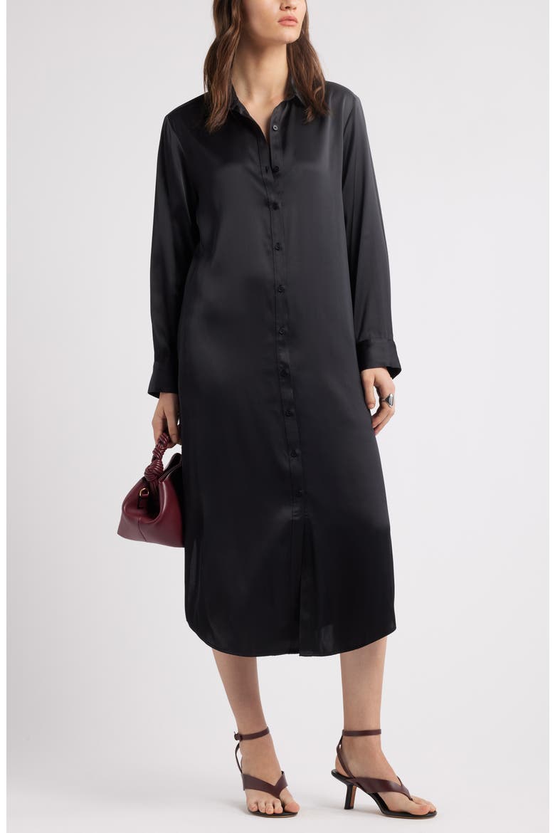Long Sleeve Satin Midi Shirtdress, Main, color, BLACK