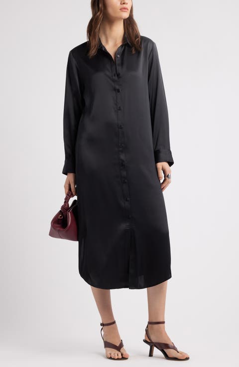 Long Sleeve Satin Midi Shirtdress