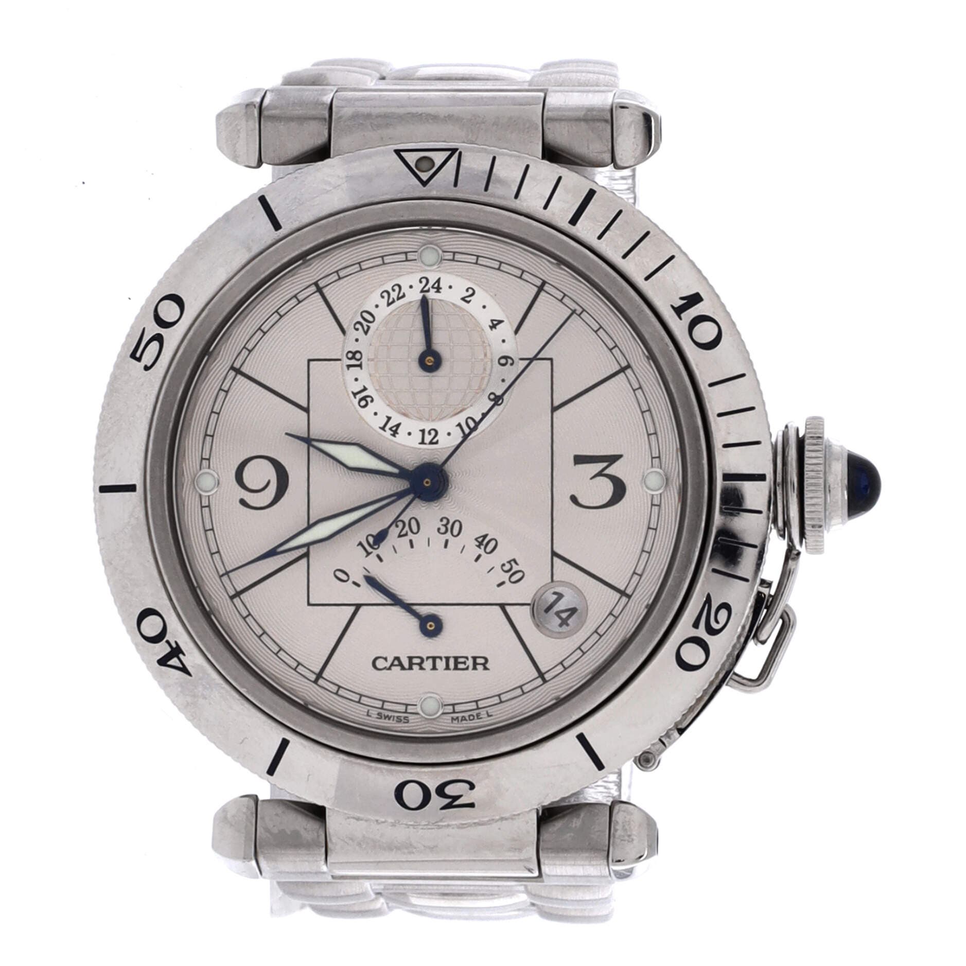 Pasha de Cartier GMT Power Reserve Automatic Watch Stainless Steel 38, Main, color, Metallic Silver