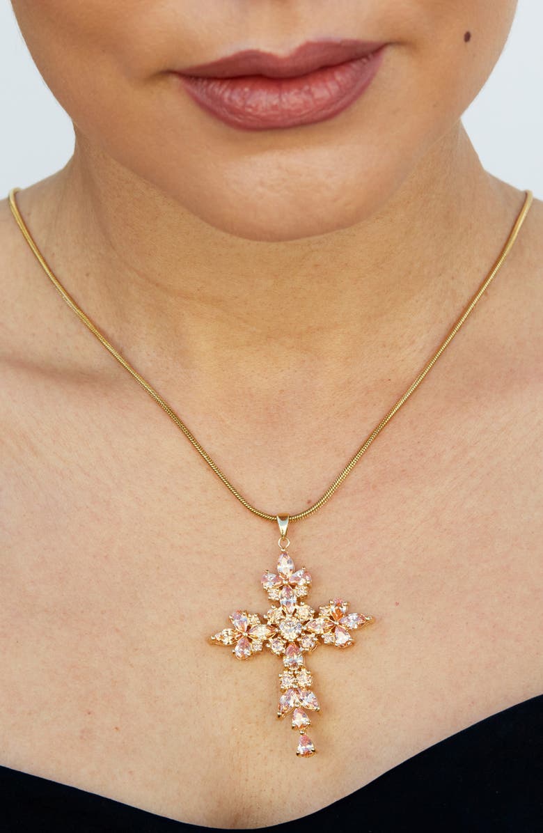 SAVVY CIE JEWELS Cubic Zirconia Large Cross Pendant Necklace, Alternate, color, Yellow