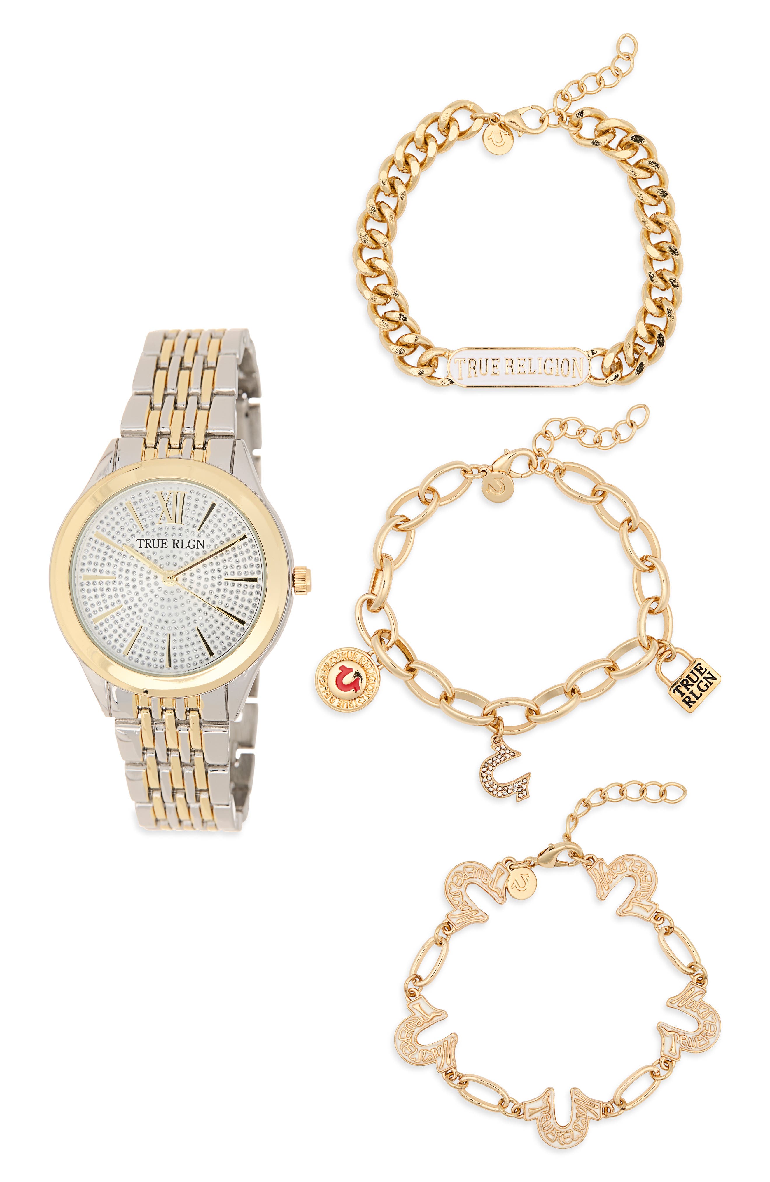 True Religion Crystal Logo Two-Tone Bracelet Watch, 33.8mm & Assorted Bracelets Set